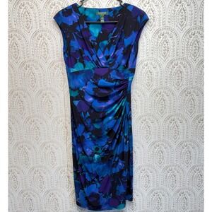 Lauren Ralph Lauren Sheath Dress Women 4 Blue Floral Ruched V-Neck Cap Sleeve